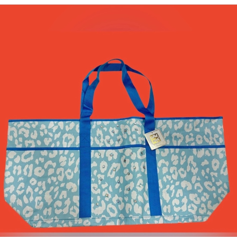 Blinged Blue & White Leopard Print XXL Tote Bag. NWT